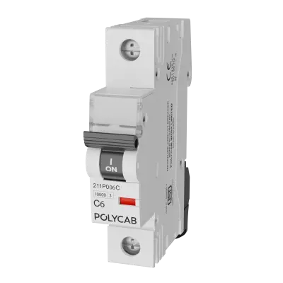 Polycab 6 Amp 10KA SP MCB - Single Pole, C Curve, Low Voltage Miniature Circuit Breaker (White)